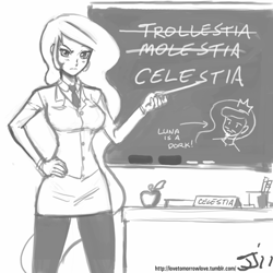 Size: 800x800 | Tagged: safe, artist:johnjoseco, princess celestia, human, clothes, female, grayscale, humanized, monochrome, pantyhose, teacher