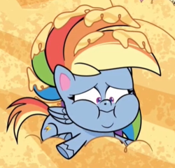 Size: 390x375 | Tagged: safe, screencap, rainbow dash, pegasus, pony, my little pony: pony life, princess probz, spoiler:pony life s01e01, cropped, double chin, fat, flan, food, pudding, rainblob dash, solo, weight gain