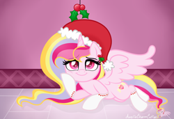 Size: 4759x3258 | Tagged: safe, artist:raspberrystudios, oc, oc only, oc:aurelia charm, alicorn, pony, absurd resolution, alicorn oc, clothes, cute, holly, holly mistaken for mistletoe, leaning, socks, solo, spread wings, sultry pose, wings