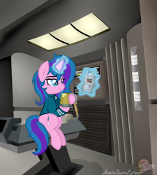 Size: 2448x2715 | Tagged: safe, artist:raspberrystudios, oc, oc only, pony, unicorn, cider, clothes, commission, game, magic, medical, relax, sitting, solo, star trek, tricorder