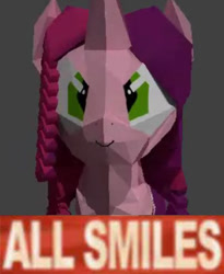 Size: 437x534 | Tagged: source needed, safe, edit, oc, oc only, oc:marker pony, pony, unicorn, 3d, exploitable meme, low poly, meme, reaction image, simple background, smiling, solo, why.jpg