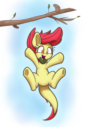 Size: 1000x1500 | Tagged: safe, artist:heir-of-rick, apple bloom, monster pony, original species, tatzlpony, adorabloom, cute, jumping, open mouth, solo, tatzlbetes, tatzlbloom, tentacle tongue, tentacles, tongue out, tree branch, underhoof