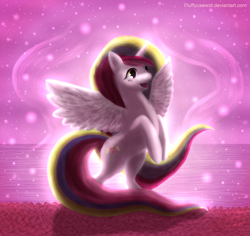 Size: 4833x4558 | Tagged: safe, artist:fluffycawwot, oc, oc only, oc:aurelia charm, alicorn, pony, absurd resolution, alicorn oc, detailed, evening, magic, multicolored mane, rosy, solo, spread wings, standing