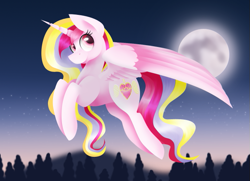 Size: 641x463 | Tagged: safe, artist:flashbrush, oc, oc only, oc:aurelia charm, alicorn, fly, pony, alicorn oc, commission, moon, night, night sky, sky, solo, spread wings