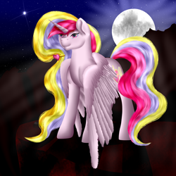 Size: 3600x3600 | Tagged: safe, artist:nightmarederpy, oc, oc only, oc:aurelia charm, alicorn, pony, alicorn oc, beautiful, detailed, moon, night, night sky, solo, spread wings, wings down