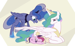 Size: 1100x681 | Tagged: safe, artist:egophiliac, princess cadance, princess celestia, princess luna, alicorn, pony, alicorn triarchy, ethereal mane, eyes closed, female, filly, filly cadance, foal, hoof shoes, mare, momlestia, open mouth, prone, royal sisters, siblings, sisters, sleeping, smiling, spread wings, starry mane, trio, younger