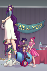 Size: 2819x4263 | Tagged: safe, artist:chibibiscuit, pinkie pie, rarity, spike, twilight sparkle, oc, earth pony, pony, unicorn, 2015, absurd resolution, book, clothes, cosplay, costume, dress, eyes closed, giantess, happy new year, high heels, looking down, macro, non-mlp oc, open mouth, pants, party cannon, reading, shoes, sitting, size difference, skirt