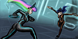 Size: 1280x640 | Tagged: safe, artist:johnjoseco, artist:michos, princess celestia, princess luna, human, cosplay, humanized, rinzler, sam flynn, tron, tron legacy