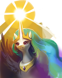 Size: 1027x1280 | Tagged: safe, artist:purplekecleon, princess celestia, alicorn, pony, female, horn, magic, mare, multicolored mane, solo, white coat