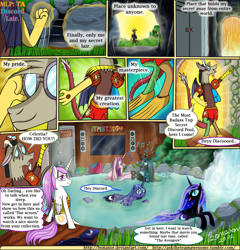 Size: 1600x1664 | Tagged: safe, artist:bonaxor, discord, nightmare moon, princess cadance, princess celestia, princess luna, queen chrysalis, oc, oc:dream, alicorn, changeling, changeling queen, draconequus, pony, comic, female, male, mare, wet mane