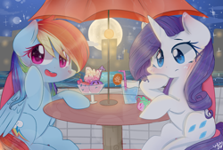 Size: 1876x1271 | Tagged: safe, artist:windymils, rainbow dash, rarity, pegasus, pony, unicorn, blushing, building, city, cute, dashabetes, female, full moon, lesbian, looking at you, moon, night, open mouth, puzzled, raridash, shipping, signature, smiling, stars, table