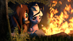 Size: 1920x1080 | Tagged: safe, artist:obsidianocelot, oc, oc only, oc:lavender, oc:savannah reed, pony, 3d, bonfire, female, food, mare, marshmallow, mouth hold, s'mores