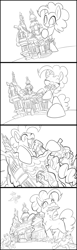 Size: 1200x3888 | Tagged: safe, artist:tsitra360, carrot cake, cup cake, pinkie pie, twilight sparkle, twilight sparkle (alicorn), alicorn, pony, eating, female, lineart, macro, mare, monochrome, sugarcube corner, the cakes