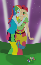 Size: 1700x2677 | Tagged: safe, artist:final7darkness, applejack, fluttershy, pinkie pie, rainbow dash, rarity, sunset shimmer, twilight sparkle, twilight sparkle (alicorn), equestria girls, rainbow rocks, appledash, clothes, female, freckles, giantess, kissing, lesbian, macro, one eye closed, rainbow rocks outfit, request, scene interpretation, shipping, welcome to the show