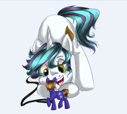 Size: 1035x926 | Tagged: safe, artist:djm30wm1x, oc, oc only, oc:snap feather, oc:star bright, pony, unicorn, celestial jewelry, cosmic wizard, giant pony, godpone, happy, leash, macro, male, micro, necklace, pet, pet play, planet, size difference, stallion, tiny, tiny ponies