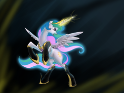 Size: 900x675 | Tagged: safe, artist:cave-shinobi, princess celestia, alicorn, pony, angry, glowing horn, rearing, solo