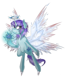 Size: 1568x1812 | Tagged: safe, artist:beardie, oc, oc only, oc:jackie frost, alicorn, angel, pony, seraph, seraphicorn, alicorn oc, blood, commission, ice, multiple wings, simple background, solo, transparent background