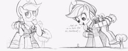 Size: 4000x1610 | Tagged: safe, artist:ncmares, applejack, rainbow dash, earth pony, pegasus, pony, applejack bunyan, clothes, dialogue, giant pony, giantess, macro, monochrome, open mouth, paul bunyan, size difference, sketch, smiling, smoldash, wip