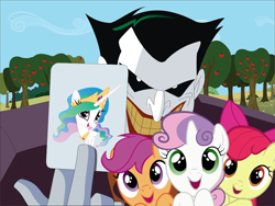 Size: 800x600 | Tagged: safe, apple bloom, princess celestia, scootaloo, sweetie belle, human, batman, crossover, cutie mark crusaders, place yer bets on if he kills them, the joker