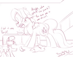 Size: 900x700 | Tagged: safe, artist:goat train, diamond tiara, silver spoon, twist, earth pony, pony, giantess, growth, macro, monochrome, offscreen character, size difference, sketch, wardrobe malfunction