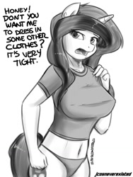 Size: 960x1280 | Tagged: safe, artist:jcosneverexisted, oc, oc only, oc:azúcar, anthro, unicorn, belly button, clothes, explicit source, grayscale, monochrome, panties, short shirt, solo, thong, underwear