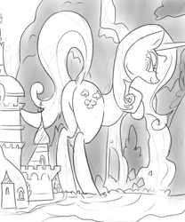 Size: 1000x1200 | Tagged: safe, artist:khorme, fleur-de-lis, pony, canterlot, dock, featureless crotch, giant pony, macro, monochrome, plot, solo