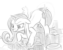 Size: 1000x800 | Tagged: safe, artist:khorme, rarity, pony, unicorn, city, giant pony, macro, manehattan, monochrome, solo