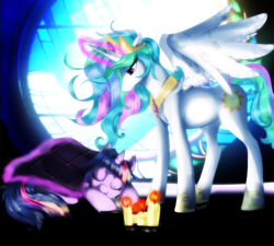 Size: 1000x900 | Tagged: safe, artist:si1vr, princess celestia, twilight sparkle, alicorn, pony, candle, magic, momlestia, sleeping