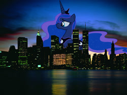 Size: 1600x1200 | Tagged: safe, artist:destructodash, princess luna, pony, city, empire state building, giant pony, irl, macro, new york city, night, photo, ponies in real life, vector, world trade center