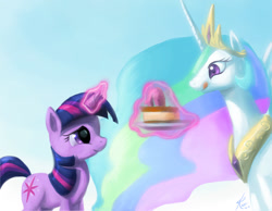 Size: 1024x794 | Tagged: safe, artist:raikoh, princess celestia, twilight sparkle, alicorn, pony, cake, cakelestia, magic