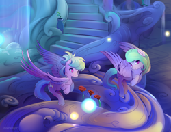 Size: 2200x1700 | Tagged: safe, artist:viwrastupr, cloudchaser, flitter, pegasus, pony, close-up, duo, female, flower, mare, rose, scenery, stairs