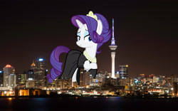 Size: 3200x2000 | Tagged: safe, artist:cheezedoodle96, artist:theotterpony, rarity, pony, auckland, black dress, clothes, dress, giant pony, giantess, highrise ponies, irl, macro, necklace, new zealand, night sky, pearl necklace, photo, ponies in real life, raised hoof, solo, vector