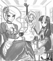 Size: 735x840 | Tagged: safe, artist:johnjoseco, pinkie pie, princess celestia, twilight sparkle, human, beatrice, bernkastel, breasts, cosplay, crossover, female, grayscale, humanized, lambdadelta, monochrome, princess breastia, umineko no naku koro ni