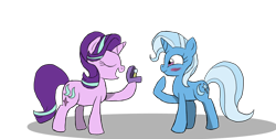 Size: 2024x1024 | Tagged: safe, artist:rougueone, starlight glimmer, trixie, pony, unicorn, blushing, eyes closed, female, lesbian, marriage proposal, open mouth, raised hoof, ring, shipping, simple background, smiling, startrix, transparent background, wedding proposal