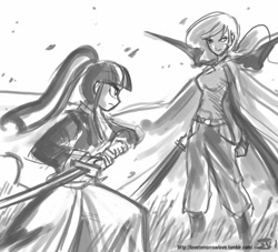 Size: 1000x909 | Tagged: safe, artist:johnjoseco, princess celestia, twilight sparkle, human, crossover, grayscale, humanized, kenshin himura, monochrome, rurouni kenshin, sword