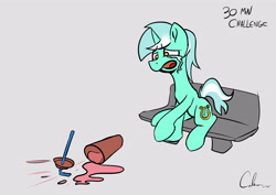 Size: 4960x3507 | Tagged: safe, artist:calena, lyra heartstrings, pony, unicorn, 30 minute art challenge, absurd resolution, bench, crying, cup, drink, gray background, horse problems, milkshake, open mouth, raised hoof, sad, simple background, sitting, solo, spill, spilled drink, splash