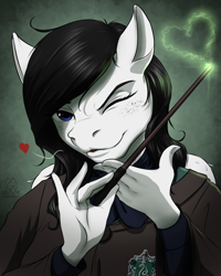 Size: 1800x2250 | Tagged: safe, artist:mykegreywolf, oc, oc only, oc:lamika, anthro, pegasus, anthro oc, clothes, crossover, female, harry potter, heart, j.k. rowling, looking at you, mare, one eye closed, slytherin, solo, wand, wink