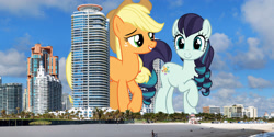 Size: 3300x1650 | Tagged: safe, artist:cloudyglow, artist:luckreza8, artist:theotterpony, applejack, coloratura, earth pony, pony, florida, giant pony, irl, macro, miami, photo, ponies in real life, vector