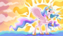 Size: 1366x768 | Tagged: safe, artist:saphamia, princess celestia, alicorn, pony, female, horn, mare, multicolored mane, pinklestia, solo, white coat