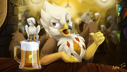 Size: 1000x563 | Tagged: safe, artist:arctic-fox, oc, oc only, oc:argyle, oc:der, griffon, drinking, micro