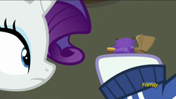 Size: 1920x1080 | Tagged: safe, screencap, mr. stripes, rarity, pony, unicorn, the saddle row review, discovery family logo, furniture, micro