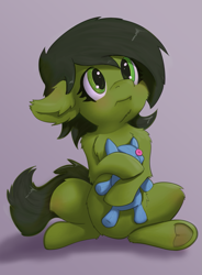 Size: 705x958 | Tagged: safe, oc, oc only, oc:anon filly, earth pony, pony, female, holding, looking up, plushie, simple background, sitting, solo