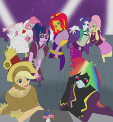 Size: 1700x1830 | Tagged: safe, artist:final7darkness, adagio dazzle, applejack, aria blaze, fluttershy, pinkie pie, rainbow dash, rarity, sci-twi, sonata dusk, sunset shimmer, twilight sparkle, oc, equestria girls, animal costume, archery, chicken pie, chicken suit, city, clothes, costume, crystal prep shadowbolts, fingerless gloves, giantess, glasses, gloves, humane five, macro, nightmare night, nightmare night costume, open mouth, request, requested art, scarecrow, shadowbolt dash, shadowbolts, shadowbolts costume, the dazzlings