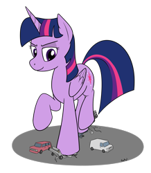 Size: 1423x1631 | Tagged: safe, artist:rapidstrike, twilight sparkle, twilight sparkle (alicorn), alicorn, pony, car, crushing, female, giant pony, macro, mare, raised hoof, request, size difference, solo, stomping, vehicle