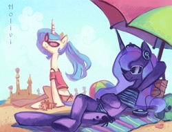 Size: 3736x2874 | Tagged: safe, artist:holivi, princess celestia, princess luna, alicorn, pony, beach, beach ball, bikini, bikini bottom, bipedal, clothes, high res, mp3 player, not dj pon-3, s1 luna, sandcastle, sunglasses, swimsuit, tankini, umbrella