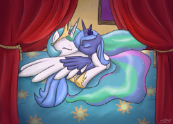 Size: 900x646 | Tagged: safe, artist:speccysy, princess celestia, princess luna, alicorn, pony, cuddling, s1 luna, sleeping