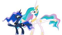 Size: 2500x1428 | Tagged: safe, artist:stealthedge, princess celestia, princess luna, alicorn, pony, awesome face, cute, dancing, looking at you, open mouth, raised hoof, raised leg, simple background, smiling, transparent background, vector