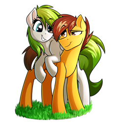 Size: 3000x3000 | Tagged: dead source, safe, artist:rubywave32, oc, oc only, oc:compylight, oc:kiwi blaze, earth pony, pegasus, pony, female, grass, high res, male, mare, simple background, smiling, stallion, transparent background