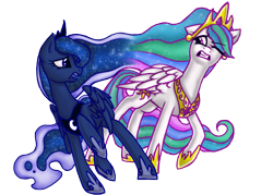 Size: 1400x1000 | Tagged: safe, artist:madelonetjj, princess celestia, princess luna, alicorn, pony, celestia's crown, crown, ethereal mane, intertwined manes, jewelry, luna's crown, regalia, sisters, sparkly mane, sparkly tail, starry mane, starry tail, wince