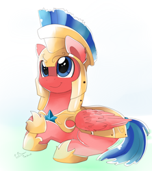 Size: 2030x2286 | Tagged: safe, artist:pridark, oc, oc only, pegasus, pony, armor, commission, crossed hooves, cute, gradient background, male, royal guard, signature, smiling, solo